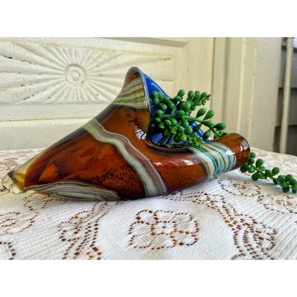 Vintage MCM Murano Encased Glass Conch Shell Brown Cobalt blue - Picture 3 of 12